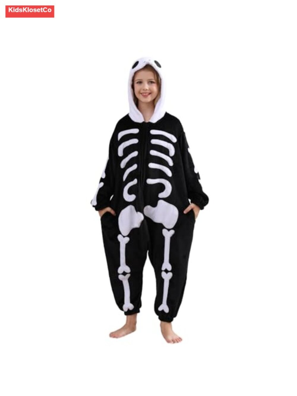 Kids Skeleton Onesie Pajamas Flannel Fleece Halloween Costume Cosplay with Hood - Picture 1 of 5